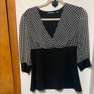 Office Siren Houndstooth Wrap Blouse with Sheer, Cuffed 3/4 Sleeves size S